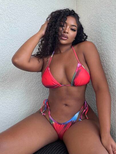 Alexandranx Women's Summer Beach Tie Dye Halter Tied Sexy Bikini Two Pieces Swimwear Set