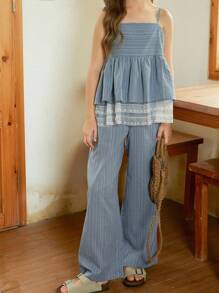 Hapijoa Tween Girls' Vacation Casual Color Block Lace Splice Striped Camisole And Pants Set