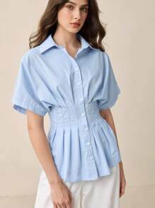 BizChic 女士蓝领腰部条纹束腰前扣肩袖衬衫衬衫，基本款城市通勤简约优雅时尚商务休闲，适合办公室、教师、婚礼嘉宾、音乐会 - 藍色 - 查看 6