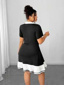 Elenzga V 领黑白撞色荷叶边腰部修身迷你连衣裙，优雅紧身晚礼服（加大码） - 黑與白 - 查看 2