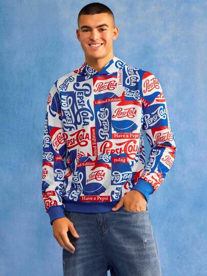 PEPSI X SHEIN Men's Casual Letter Graphic Long Sleeve Hoodie , Fall