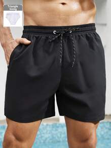 ZELFYO Plus Size Men's Solid Color Drawstring Waist Pocket Beach Shorts Men Drawstring Shorts Men Swimming Shorts - Black - View 3