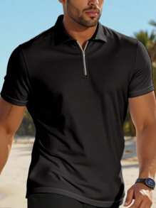 Manfinity Dauomo 男士休闲纯色短袖 Polo 衫和短裤套装，夏季舒适服装 - 黑色 - 查看 3