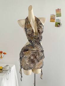 Soleia 女士性感迷你连衣裙，复古豹纹与斑马纹组合，V领，金属装饰吊带，腰部镂空，荷叶边下摆，适合派对、约会、下午茶、街头、城市度假、音乐节、海滩、夏季风格 - 彩色 - 查看 5