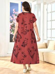 SHEIN Lacomfia 夏季大码休闲花卉印花连衣裙 - 紅色 - 查看 2