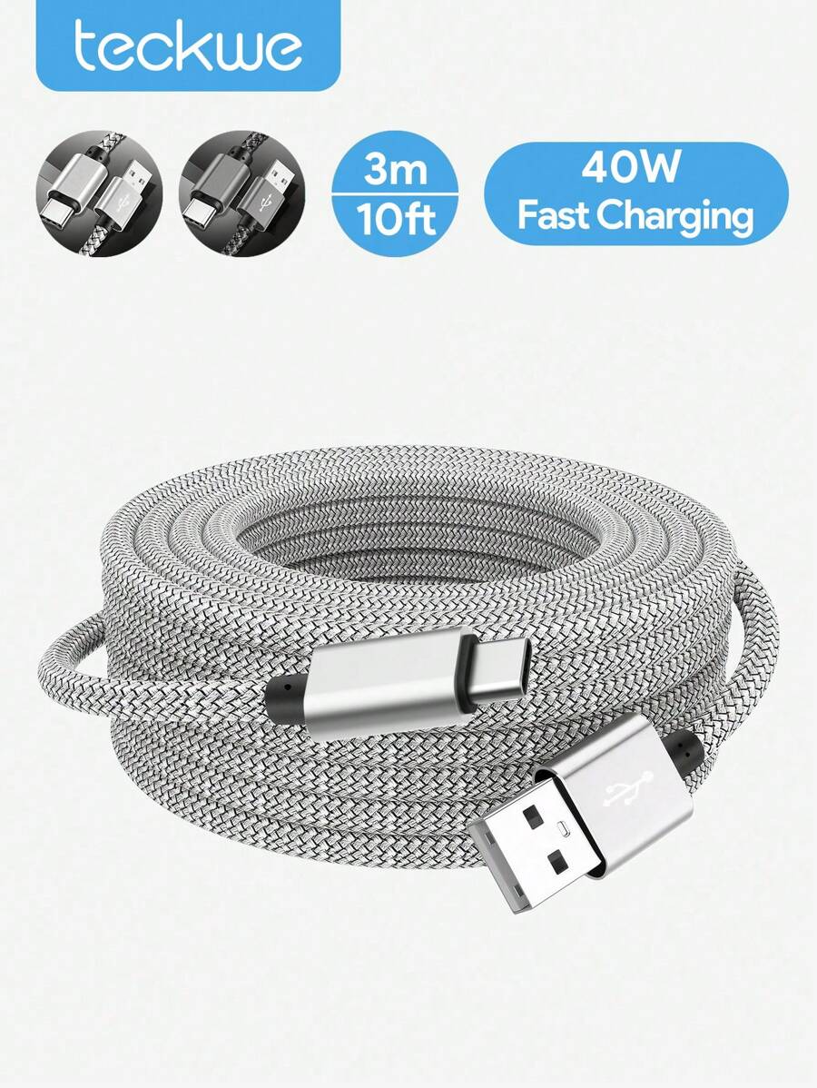 Teckwe 编织 USB A 至 C 充电线 3 米 – 快速充电,铝合金外壳,纯铜线 - 銀白色 - 查看 1
