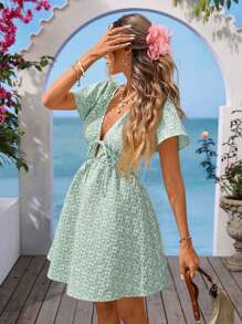 Vivid Eden Váy ngắn Jacquard trơn màu thường ngày dành cho nữ, đi nghỉ - màu xanh lá - Xem 4