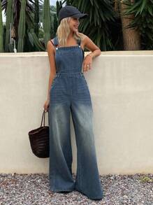 DAZY 女式夏季宽松休闲牛仔背带裤 - 藍色 - 查看 3