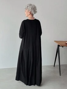 FRIFUL 女式黑色纯色拼布面料褶皱长裙长袖连衣裙、办公室连衣裙、商务休闲连衣裙 - 黑色 - 查看 5