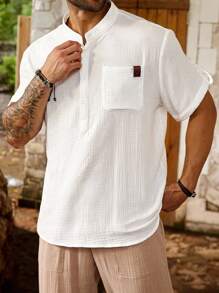 Manfinity Homme Plus Size Men's Solid Color Pocket Button Summer Casual Short Sleeve Polo Shirt - White - View 4