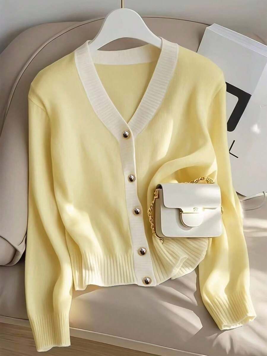 Franclia New Spring/Autumn Slim Fit Stylish Korean Color Block V-Neck Cardigan, Versatile & Youthful For Women Yellow Cardigan Pastel Yellow Cardigan Light Yellow Cardigan Yellow Sweater Butter Yellow Sweater Fall Winter Cloth For Women