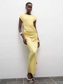 Lumivelle Women's Solid Color Round Neck High Waist Knot Design Summer Dress Cream Yellow Preppy Style - Yellow - View 6
