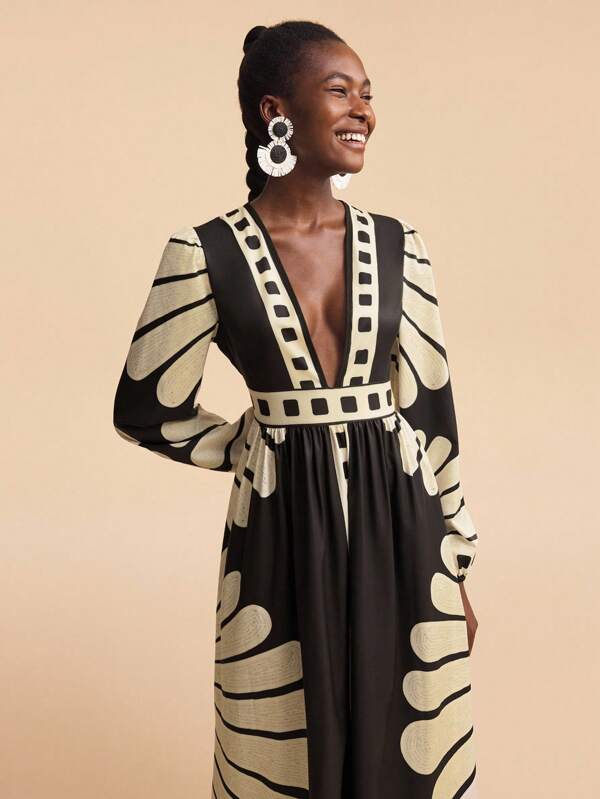 Travachic Vestido longo de férias feminino com estampa floral, decote em V profundo e manga lanterna