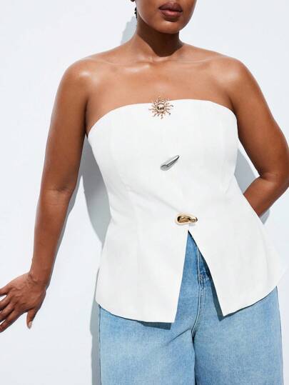 Maija 大码女装春夏新款白色立体金属装饰都市现代日常休闲抹胸适合外出节日聚会约会装派对婚礼音乐节老钱90年代女装波西米亚风