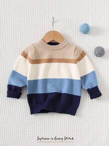 Cozy Pixies Maglione a girocollo a maniche lunghe in maglia a righe a contrasto, morbido e confortevole, casual e versatile per bambino maschio
