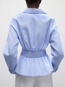 Lumivelle Luminelle Blue And White Striped Long-Sleeved Autumn Shirt With A Cinched Waist Clothes For University - Light Wash - View 2