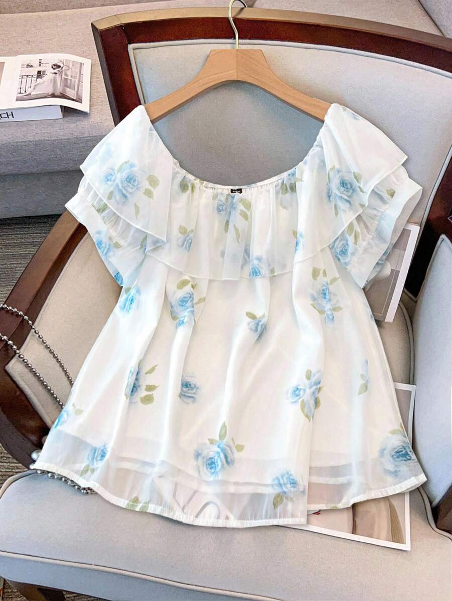 GlowEve CURVE 大码女式露肩短袖碎花雪纺衬衫，百搭时尚休闲装，适合春夏季，适合日常、通勤和度假