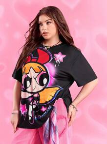 THE POWERPUFF GIRLS X SHEIN 大码女式休闲可爱花朵图案落肩宽松黑色T恤，夏季 - 黑色 - 查看 4