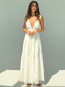 Aloruh 夏季白色度假深 V 领系腰 A 字形荷叶边女式连衣裙 - 白色 - 查看 4