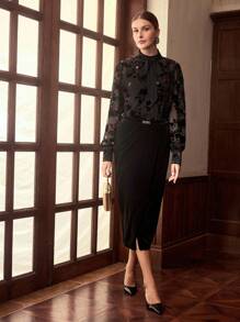 ZEYLAH Women's Long Sleeve Elegant Floral Jacquard Keyhole Top, Autumn/Winter - Black - View 5