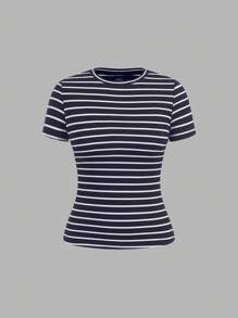 SHEIN EZwear 4 件套休闲简约基本款条纹圆领短袖 T 恤，适合春夏季、海滩、音乐节 - 彩色 - 查看 7