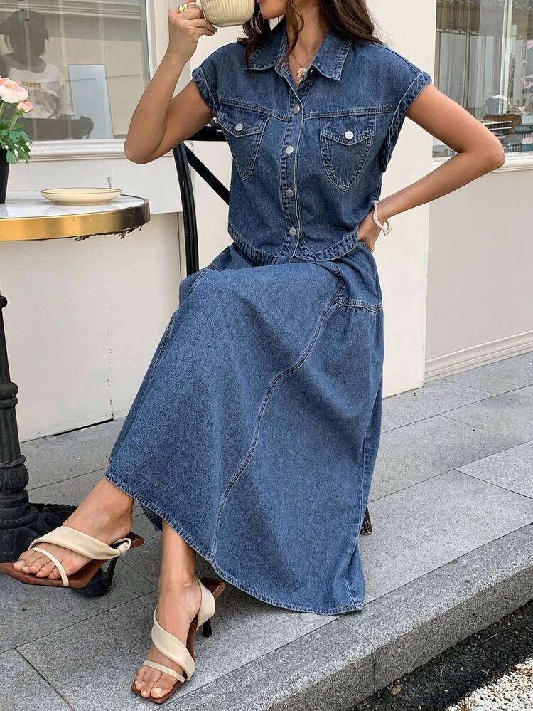 Women's Summer Casual Denim Vest & Mini Skirt 2-Piece Set