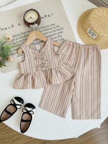 LMoss Kids 女婴条纹上衣和宽松休闲裤两件套，幼儿女童两件套服装，幼儿女童夏季条纹两件套，女婴细条纹套装，幼儿女童亚麻套装，女童套装 - 卡其色 - 查看 3