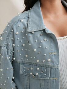 Anewsta Elaire 时尚休闲水洗做旧牛仔夹克，带铆钉和串珠装饰 - 淺色水洗藍 - 查看 4