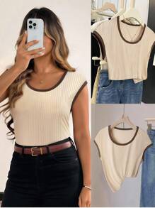 Vionelle 大码女式针织拼色圆领落肩修身优雅高端浪漫T恤