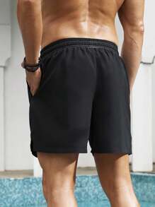 ZELFYO Plus Size Men's Solid Color Drawstring Waist Pocket Beach Shorts Men Drawstring Shorts Men Swimming Shorts - Black - View 2