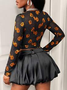 BamGleam Femmes Sexy T-shirt manches longues, ajouré, à motif citrouille en dentelle pour fête d'Halloween - Multicolore - Voir 2