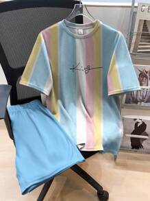 Conjunto informal de 2 piezas para niño preadolescente con estampado de rayas y nombre de ciudad de estilo de vacaciones elegante, adecuado para verano, vacaciones, exterior, deportes