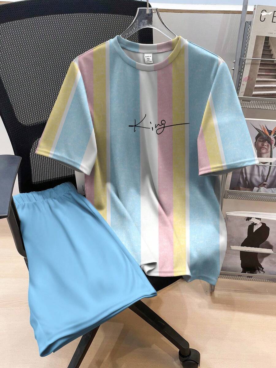 Tween Boy Casual Comfortable Fashion Minimalist Round Neck Short Sleeve T-Shirt And Shorts Set, Classic Striped Print And King Text Graphic, Suitable For Vacation And Spring/Summer - Multicolor - View 1