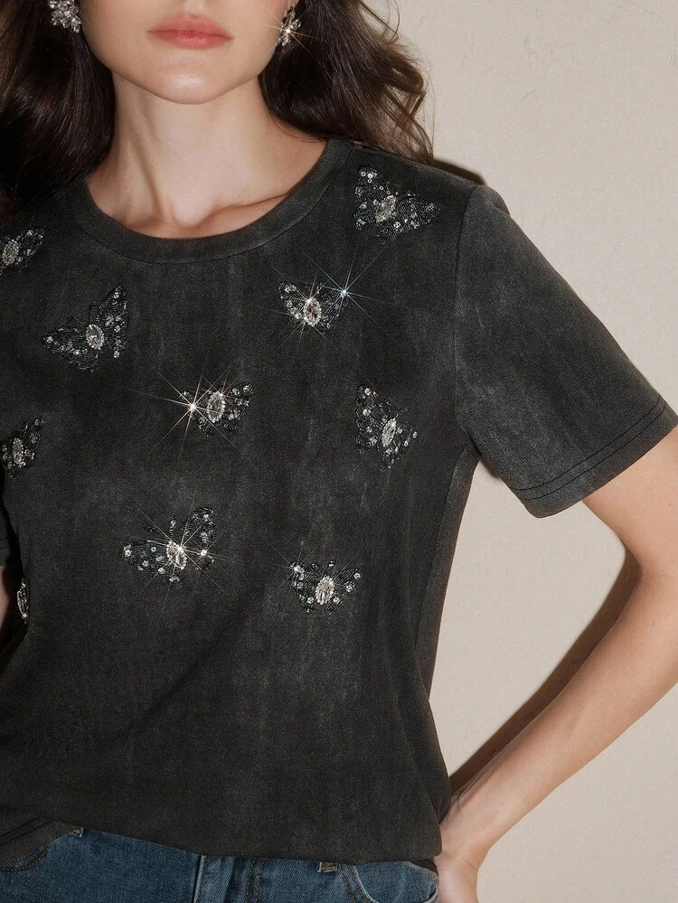 Women's Elegant Loose Rhinestone Butterfly Decor Comfortable T-Shirt, Summer
