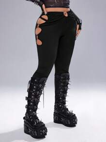 Whyspr 大码女式圆链装饰镂空修身打底裤 - 黑色 - 查看 4