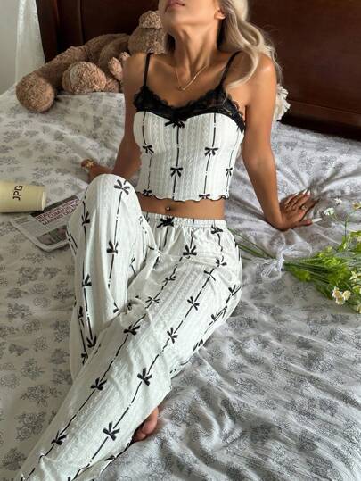 CottageSlumber CottageSlumber Semi-Sheer Crop Pajama Set For Women In Knitted Fabric With Bow Detailing Romantic-Flora Summer Two Piece Set Women Summer Sets Summer Lounge Sets Two Piece Night Set Vacation Two Piece Set