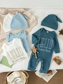 SHEIN 3pcs/Set Baby Boy/Girl Cute Simple Slogan Embroidered Long Sleeve Jumpsuits With Hats,Teal Autumn Matching Family Newborn Suits For 1 Month-2 Years - Multicolor - View 3