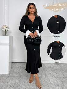 Xyvia Damen elegantes Farbblock Kleid mit Glockenärmeln und Knopfleiste vorne