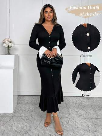 Xyvia 女式优雅拼色喇叭袖前扣长裙