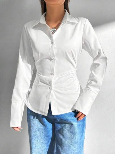 Sparklyn Tonårsflickor, enfärgad långärmad, enkelknäppt, veckad, avslappnad skjorta