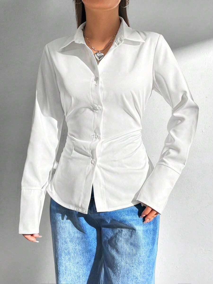 Teen Girls' Solid Color Long Sleeve Single-Breasted Pleated Casual Shirt Fall Winter