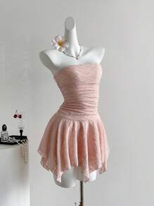 Sweetra Asymmetrical Hemline Y2K Sexy Ribbed Fabric Cropped Camisole Dress - Pink - View 6