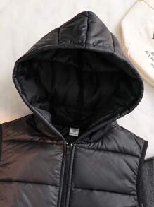 SHEIN Tween Boy 休闲街头超大连帽背心夹克，适合通勤、上学、日常休闲装、运动、秋冬季、棉服、冬季大衣、棉服、羽绒服 - 黑色 - 查看 4