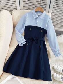 Tween Girls Elegant Striped Patchwork Long Sleeve Dress - Multicolor - View 6