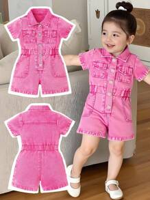 SHEIN Baby Girls' Fashionable Soft Washed Sleeveless Jumpsuit Shorts, Casual Vacation Street , Pink, Lightweight Summer - Pink - View 3