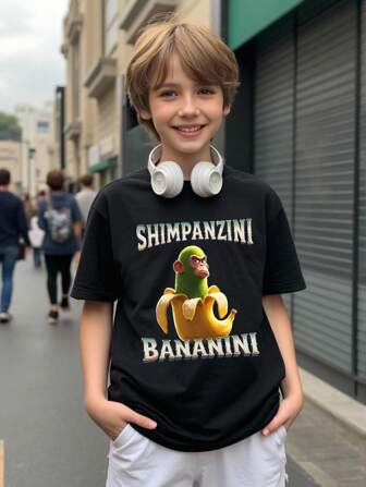 Maglietta casual nera a girocollo da ragazzo, con stampa di scimmie e banane