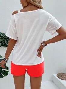 SHEIN LUNE Women Summer Letter & Palm Tree Print Asymmetrical Neck Short Sleeve T-Shirt And Shorts 2 Pieces Set - Multicolor - View 2