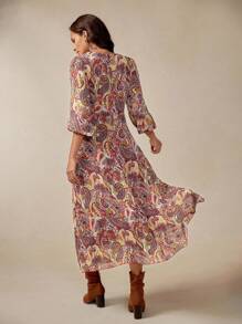 Florisole Vestido de mujer con estampado de paisley vintage bohemio, cuello en V, cintura con lazo y mangas farol, para primavera/otoño - Multicolor - Ver 4