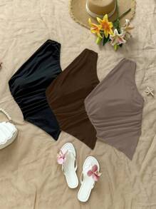 Soleia 3 件套混合黑色、棕色、卡其色不对称下摆不对称肩上衣，适合夏季 - 彩色 - 查看 5