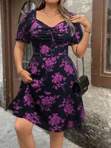Pretty and Ole Plus Size Women Floral Print V-Neck Short Sleeve Knee-Length Dress - Purple - View 4